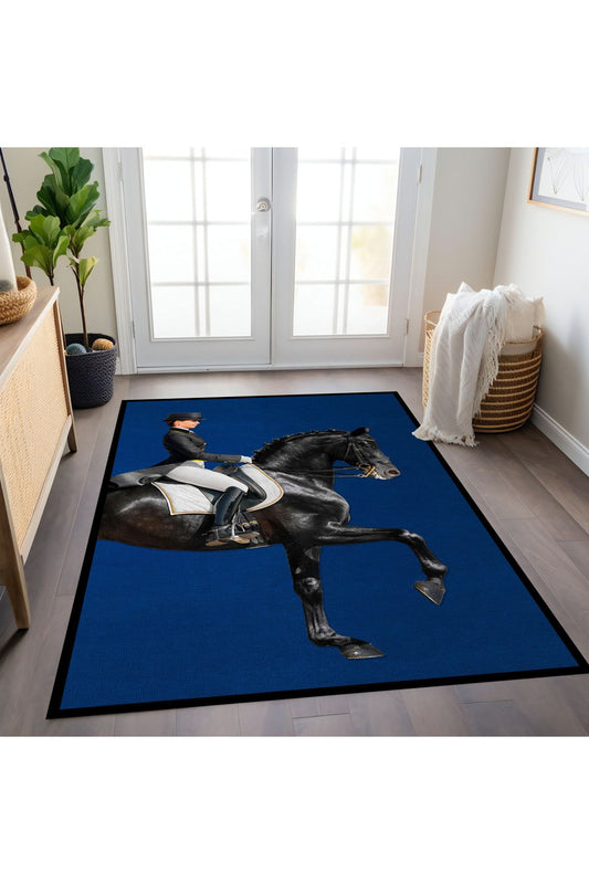 Halı Vagonu 186 Binicilik ve At Figürlü Lacivert Modern Dokuma Taban Halı