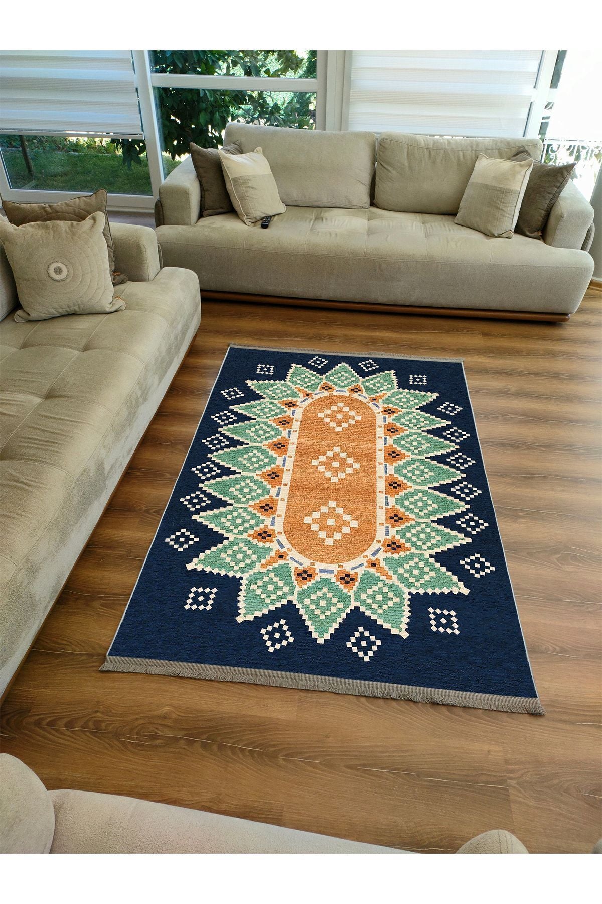 Halı Vagonu114 Mavi Tonlarında Klasık Dekoratif Kilim Salon Halısı Saçaklı Yıkanabilen Halı