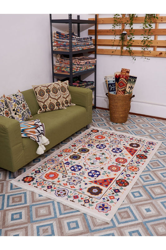 HV 2035 Renkli Klasik Desenli Yıkanabilir Dokuma Taban Salon Halısı Koridor Ve Mutfak Halısı