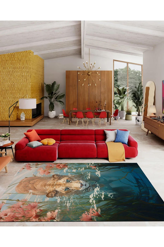 Halı Vagonu 173 Kaplan Figürlü Botanik Modern Dokuma Taban Halı