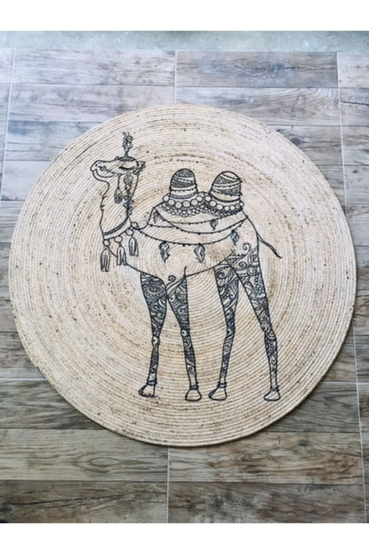 Mandala Deve Yuvarlak Jüt Örme Hasır Halı/Kilim - HALI VAGONU