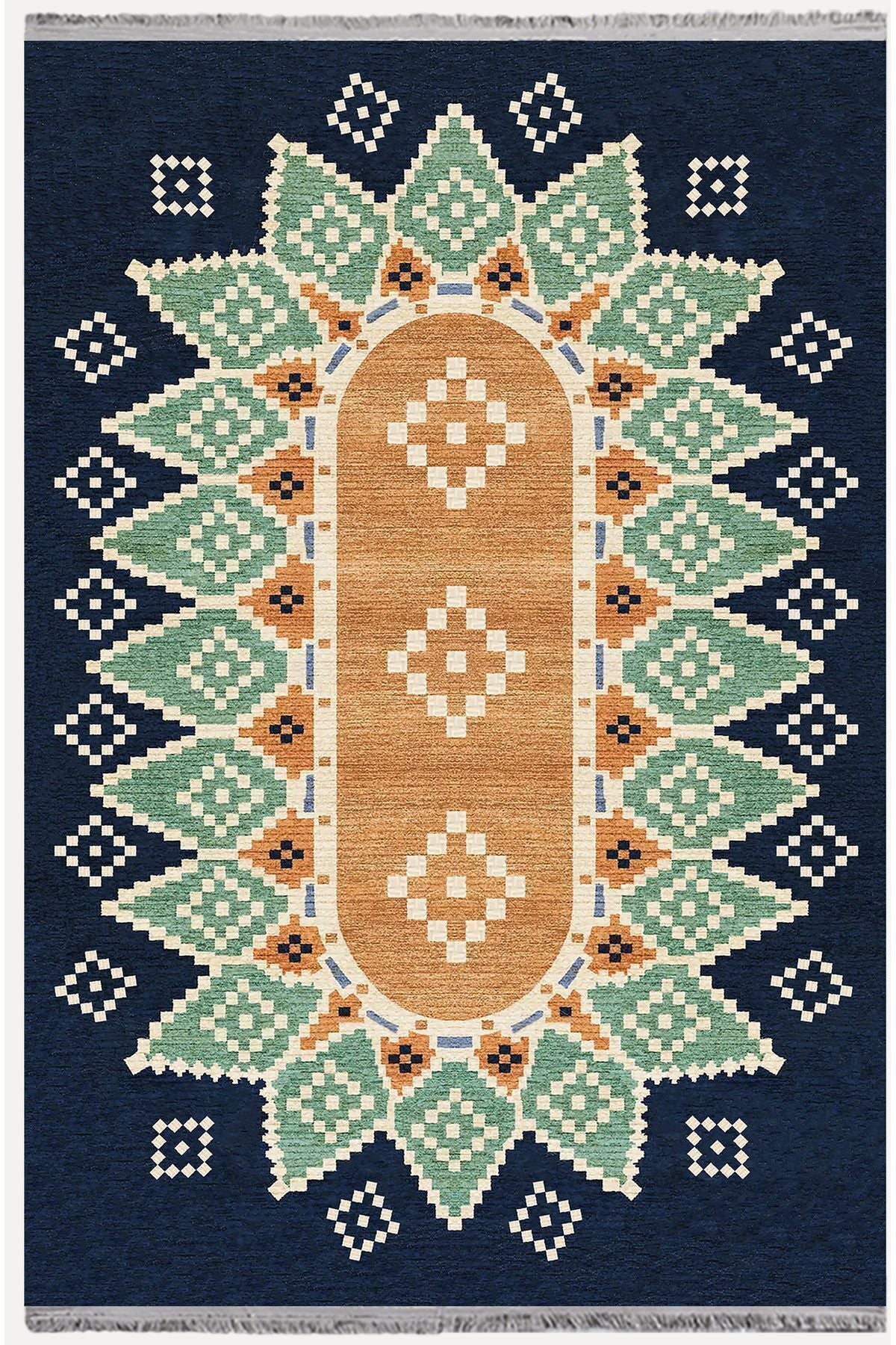 Halı Vagonu114 Mavi Tonlarında Klasık Dekoratif Kilim Salon Halısı Saçaklı Yıkanabilen Halı