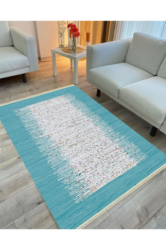 Cotton Serisi Turkuaz Rengi Ortası Su Yolu Eskitme Modern Desen Dekoratif Dokuma Taban Kilim