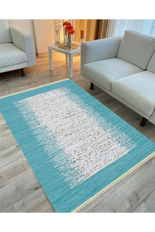 Cotton Serisi Turkuaz Rengi Ortası Su Yolu Eskitme Modern Desen Dekoratif Dokuma Taban Kilim - HALI VAGONU