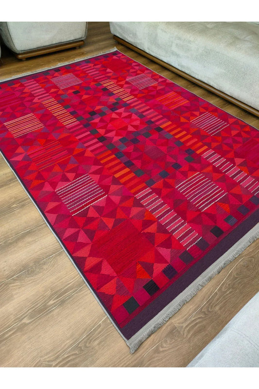 Halı Vagonu 119 Etnik Otantik Kırmızı Tonda Dekoratif Salon Halısı Saçaklı Yıkanabilen Halı - HALI VAGONU