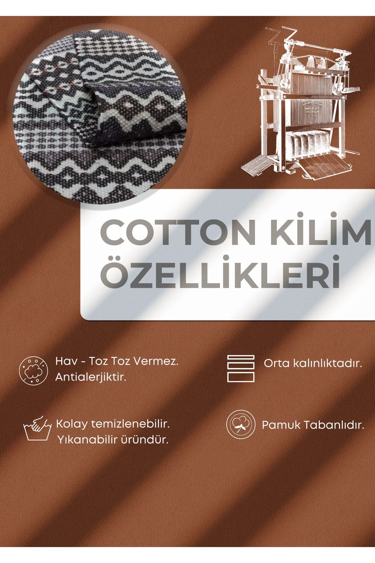 Cotton 68 Pudra Camel Ve Siyah Pastel Geometrik Desenli Dokuma Kilim