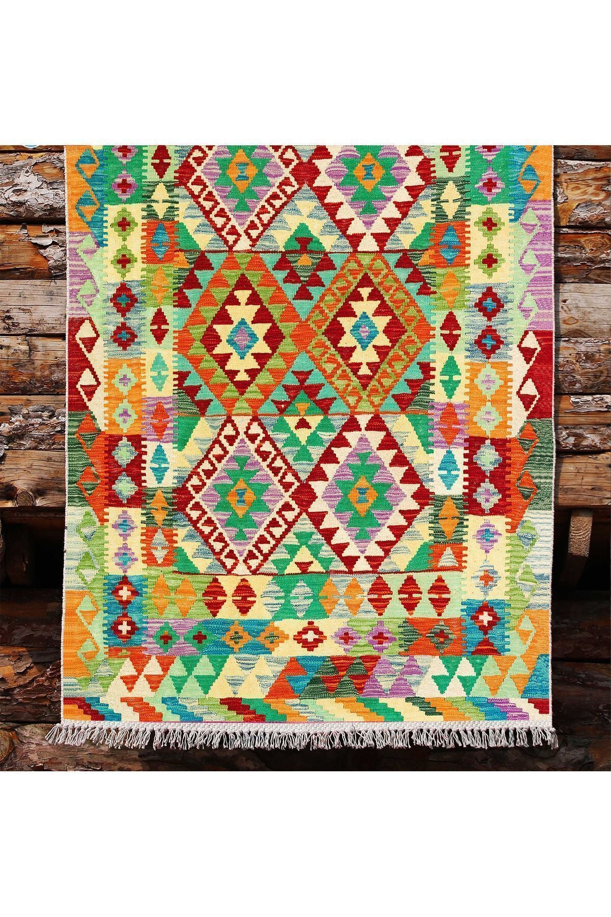 Cotton Kilim 64 Yeşil Geleneksel Motifler Modern Dekoratif Saçaklı Yıkanabilen Dokuma Kilim