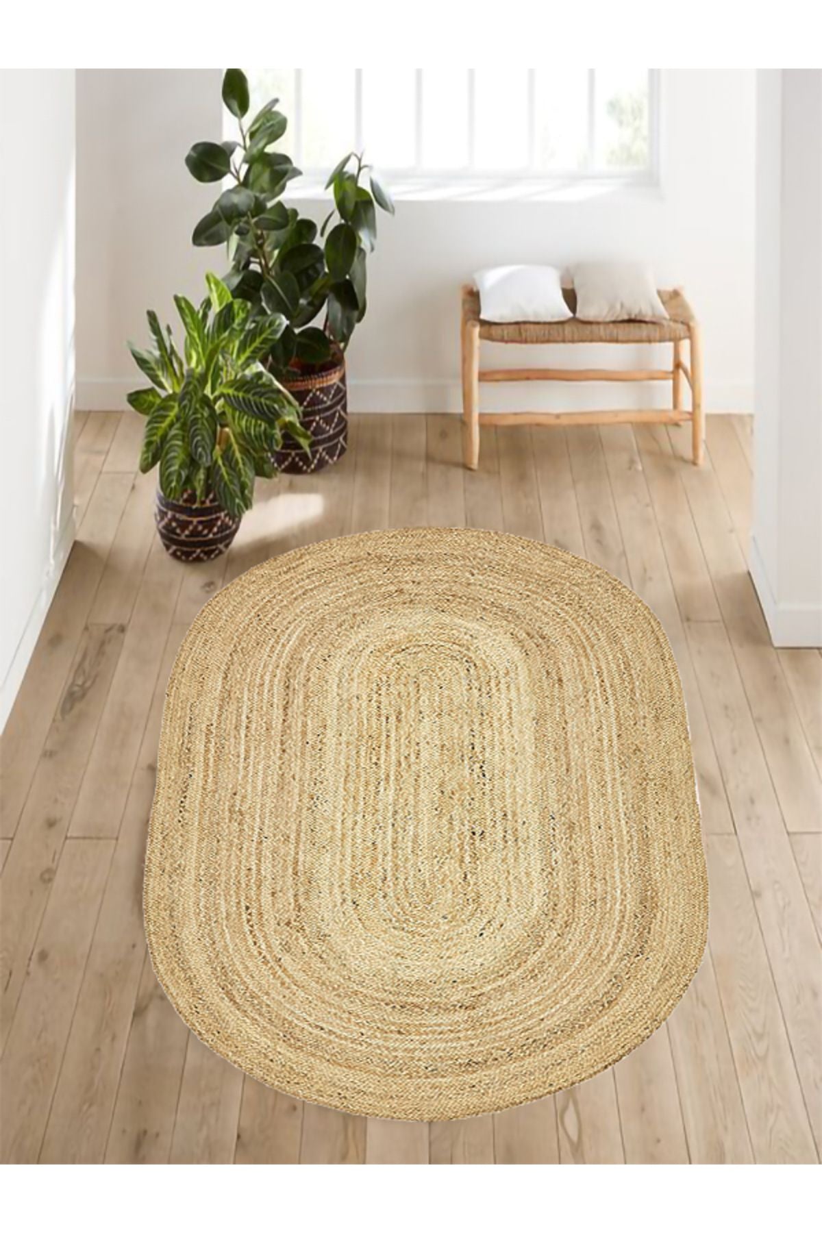 Boho 974 Oval Doğal Jüt Rengi Örgü Yuvarlak Natural Çift Taraflı Halı