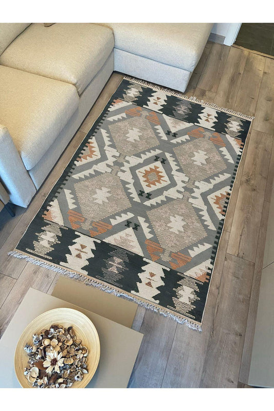 Cotton Kilim 16 Gri Zeminli Çizgili Desenli Dekoratif Yıkanabilen Dokuma Taban Kilim - HALI VAGONU