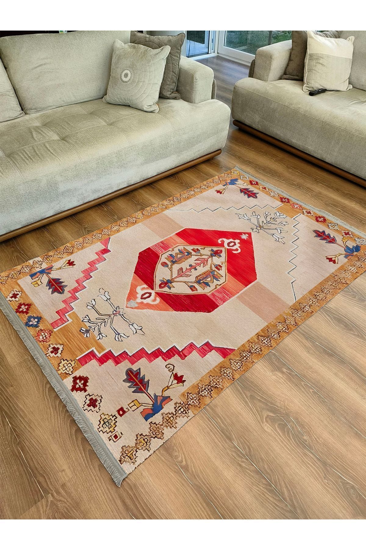 Halı Vagonu113 Etnik Clasik Halısı Dekoratif Salon Halısı Saçaklı Yıkanabilen Halı