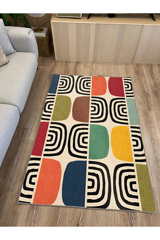 Halı Vagonu 141 Bej Geometrik Modern Çok Renkli Modern Dokuma Taban Halı