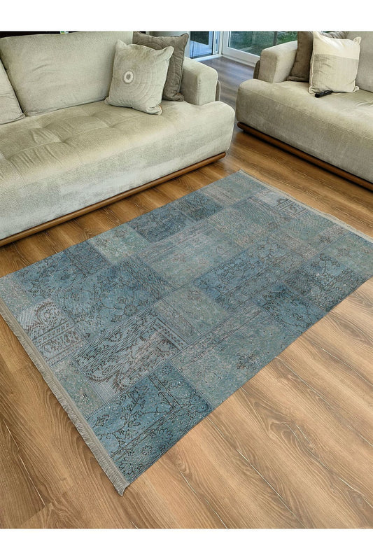 Halı Vagonu 2091 Mavi Tonlarında Patchwork Eskitme Desen Kaymaz Taban Dekoratif Halı