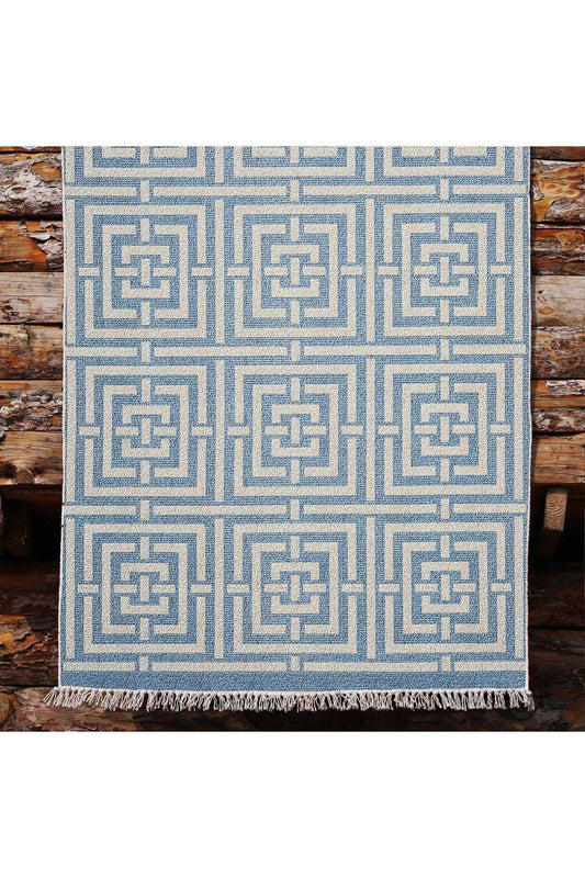 Cotton 83 Etnik Deniz Mavisi Modern Monogram Stil Pamuk Taban Kilim 083 - HALI VAGONU