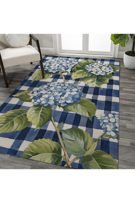 Halı Vagonu 213 Mavi Beyaz Dama Ortanca Çiçeği Figürlü Modern Dokuma Taban Dekoratif Halı