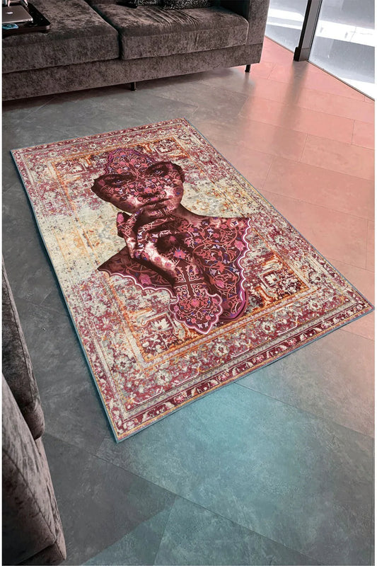 Halı Vagonu 125 Kiremit Tonunda Eskitme Kadın Silüeti Etnik Desenli Vintage Dokuma Taban Halı - HALI VAGONU