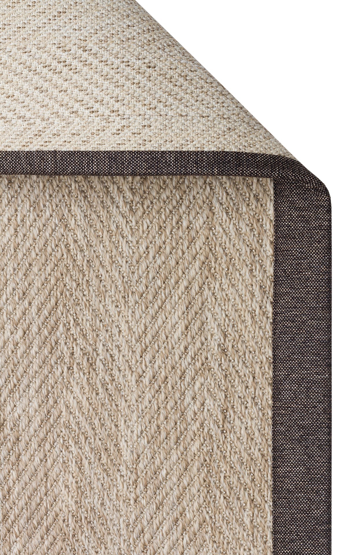 Kahve Kırçıllı Kumaş Bordürlü Balık Sırtı Desenli Bej Sisal Halı - El Yapımı, Dayanıklı, Modern Tasarım - ZHR_2704_L.Beige_BRD_Dark_Mix