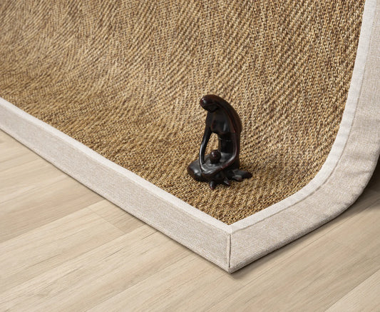 Çift Renk Kumaş Bordürlü Balık Sırtı Desenli Krem Bej Sisal Halı - El Yapımı, Evcil Hayvan Dostu - HVHB03 - HALI VAGONU