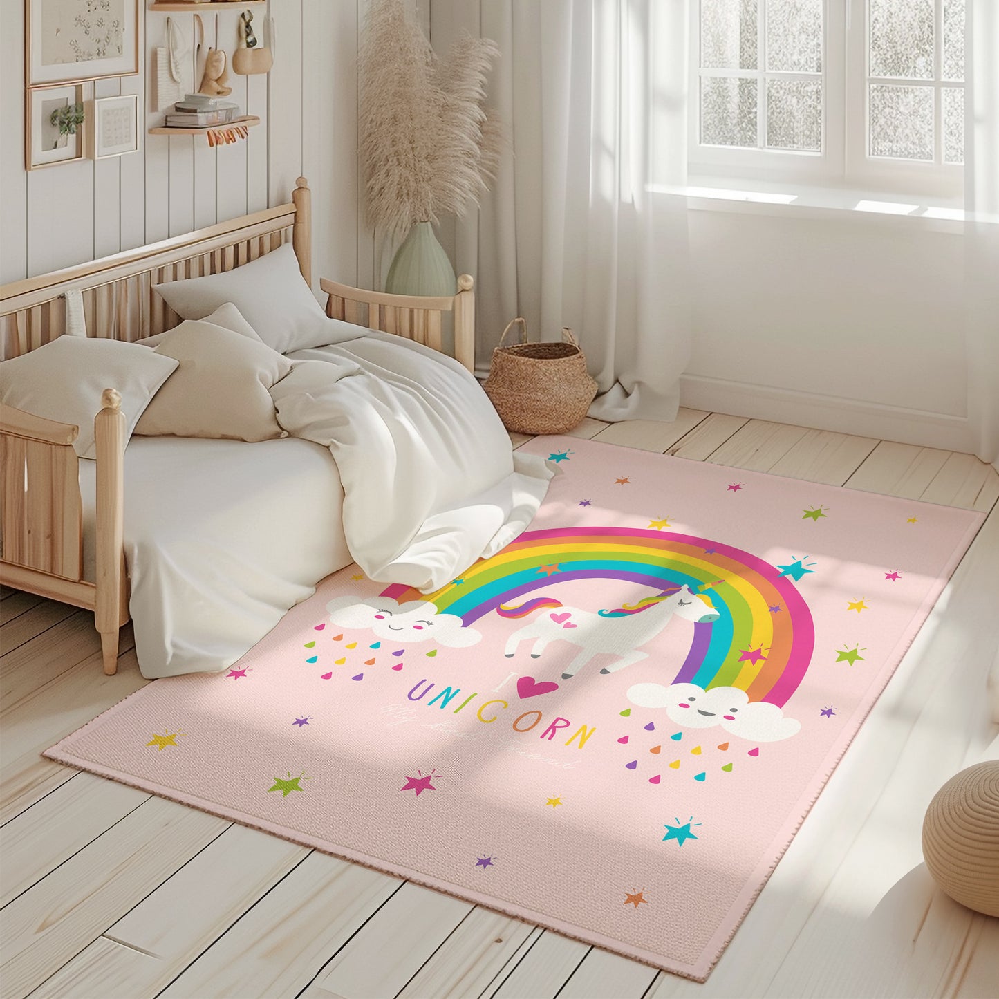 Beyaz tahta yatak ve modern bir odada pembe unicorn halısı, güneş ışığında parlayarak hayal dünyasını yansıtıyor.