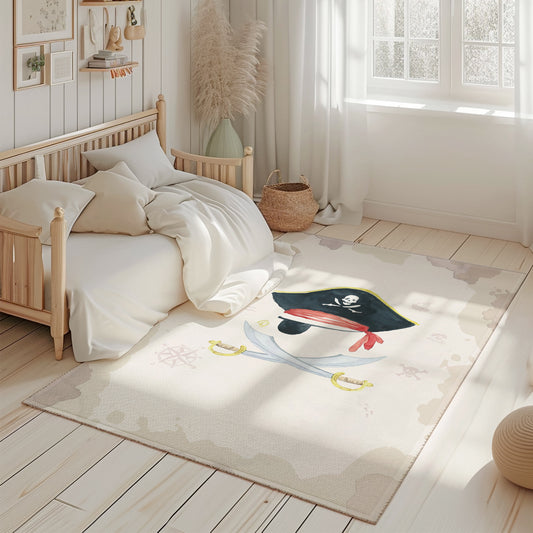 Korsan temalı çocuk odası halısı, yumuşak dokusu ve görsel şıklığı ile çocuk odasında rahat bir alan oluşturuyor.