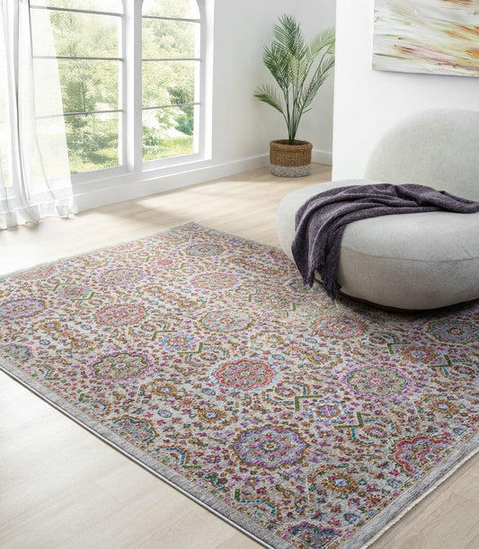 Vintage Geometrik Çiçekli Halı – İpeksi Yumuşak Polyester, Leke Tutmaz & Kolay Temizlenir, Dokuma Salon ve Ofis Halısı - 802 Multi - HALI VAGONU