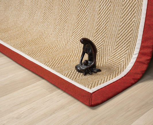 Kırmızı Kumaş Bordürlü Balık Sırtı Desenli Sisal Halı - El Yapımı, Evcil Hayvan Dostu ve Modern Tasarım - HVHB06 - HALI VAGONU