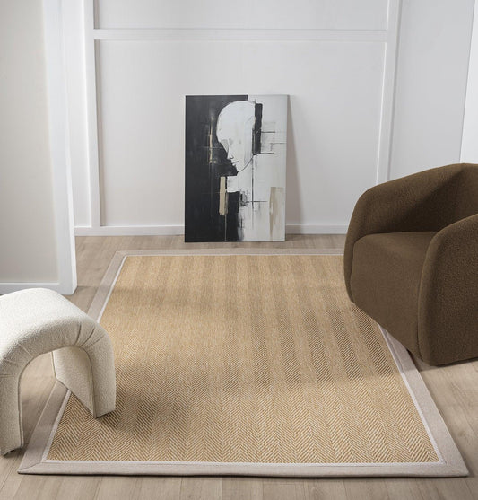 Krem Bej Çift Renk Kumaş Bordürlü Balık Sırtı Desenli Sisal Halı - El Yapımı, Evcil Hayvan Dostu ve Modern Tasarım - HVHB07 - HALI VAGONU