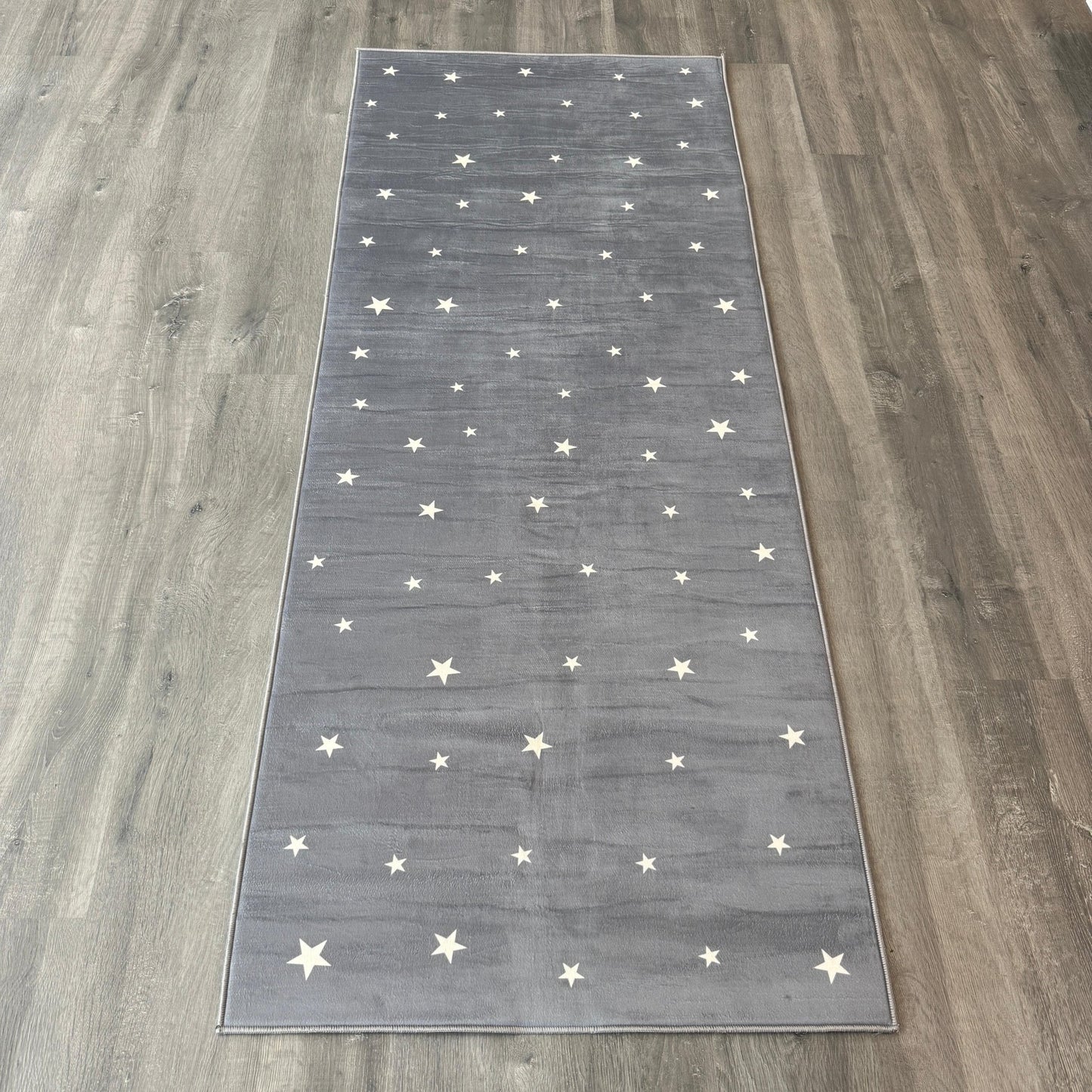 80x200 - 11mm Deri Taban Beyaz Yıldızlı Gri Çocuk Halısı - HALI VAGONU