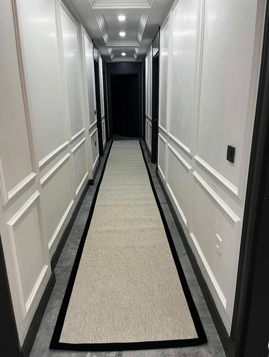 Himalaya Siyah Kumaş Bordürlü Krem Sisal Halı - El Yapımı, Dayanıklı, Modern Tasarım - HVHB22