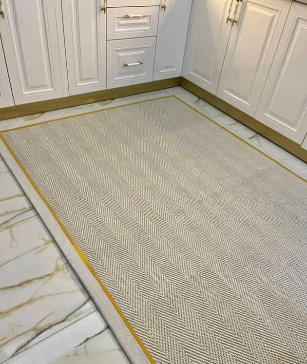 Krem Sarı Çift Renk Kumaş Bordürlü 665 Krem Sisal Halı - El Yapımı, Dayanıklı, Modern Tasarım - HVHB23