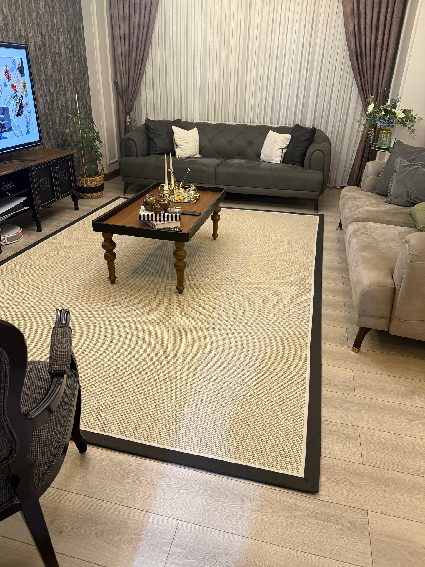 Antrasit Krem Çift Renk Kumaş Bordürlü 664 Krem Sisal Halı - El Yapımı, Dayanıklı, Modern Tasarım - HVHB21