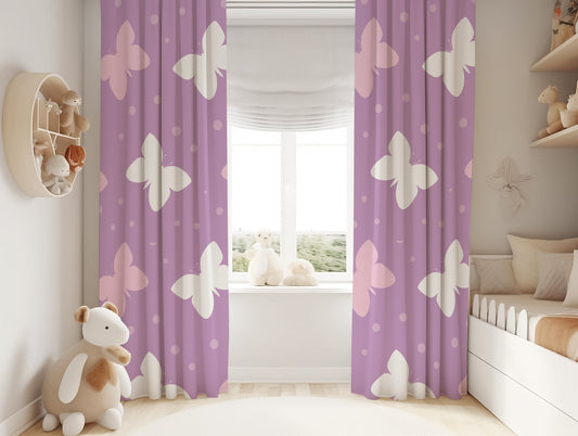 Halı Vagonu HV129 Kelebek Desenli Çocuk Odası Kadife Kumaş Fon Perde