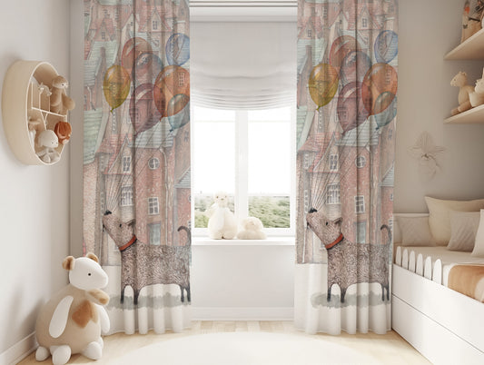 Halı Vagonu HV142 Balon Uçuran Köpek Desenli Kadife Kumaş Fon Perde - Çocuk Odası Fon Perde için ideal seçenek.