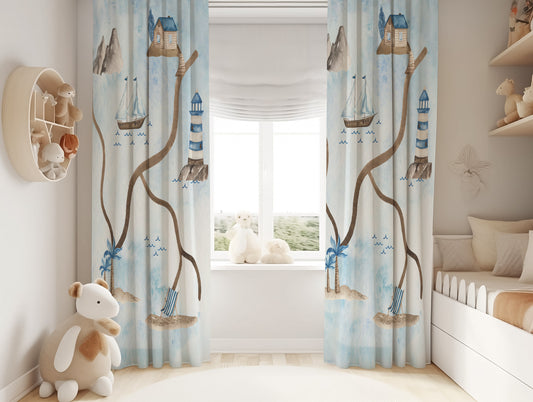 Halı Vagonu HV219 Denizci Desen Çocuk Odası Kadife Kumaş Fon Perde - Şık ve modern çocuk odalarına uygun fon perde tasarımı.