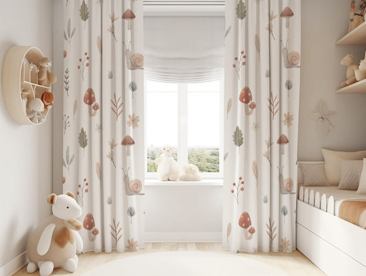 Halı Vagonu HV281 Mantar ve Salyangoz Desen Çocuk Odası Kadife Kumaş Fon Perde'nin detaylı görüntüsü, çocuğunuzun odasına uygun bir dekorasyon seçeneği.