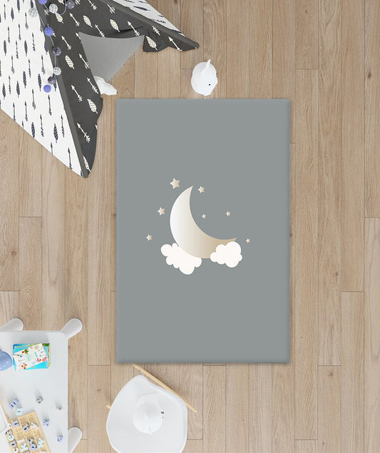 HV323G Aydede Yıldızlar ve Bulutlar Gri Çocuk Halısı - Yumuşak, Kolay Temizlenebilir, 3 Kalite Seçeneği