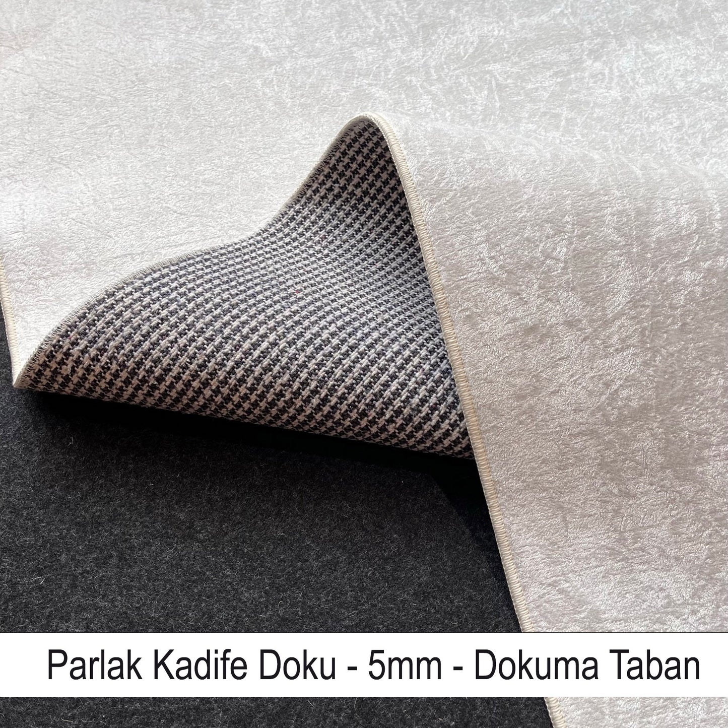 Parlak kadife dokulu halının iç ve alt yüzeyinin görüntüsü, 5 mm kalınlıkta, dokuma taban.