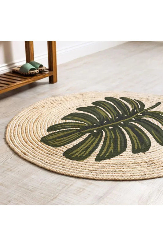Boho 912 Yaprak Minimalist Tema Etnik Örgü Yuvarlak Natural Renk Çift Taraflı Halı - HALI VAGONU