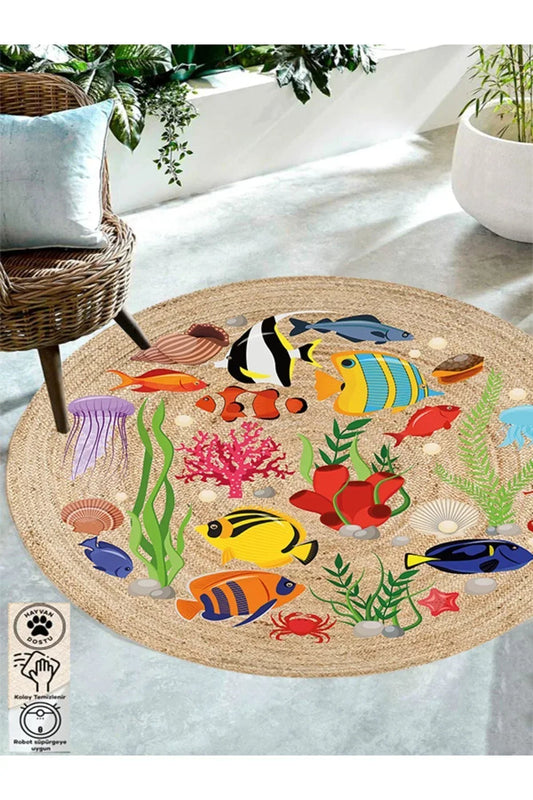 Boho 917 Jüt Hasır Etnik Desenli Jüt Örme Doğal Hasır Natural Halı - HALI VAGONU