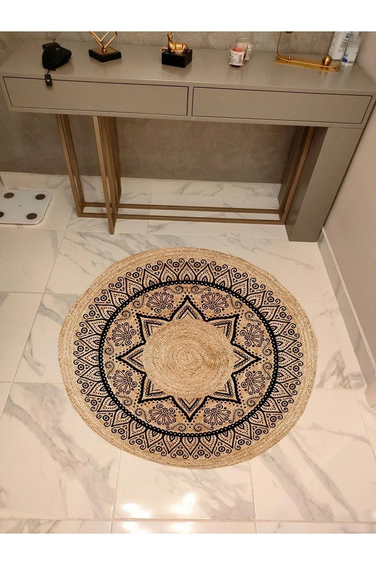 Boho 918 Jut Doğa Iplikler Ile Üretilmiş Yıldız Desenli Yuvarlak Natural Renk Çift Taraflı Halı - HALI VAGONU
