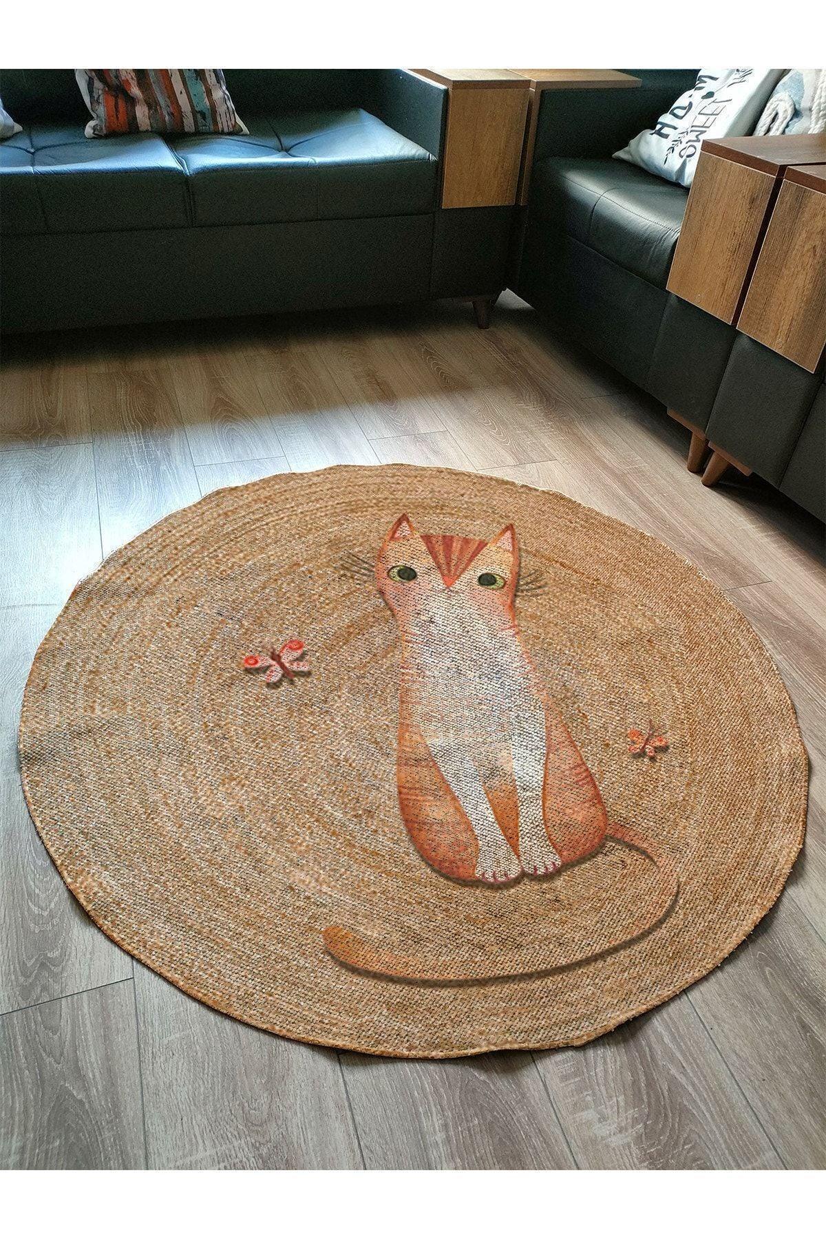 Boho 934 Jut Doğa Kedi Temalı Desenli Etnik Örgü Yuvarlak Natural Renk Çift Taraflı Halı - HALI VAGONU