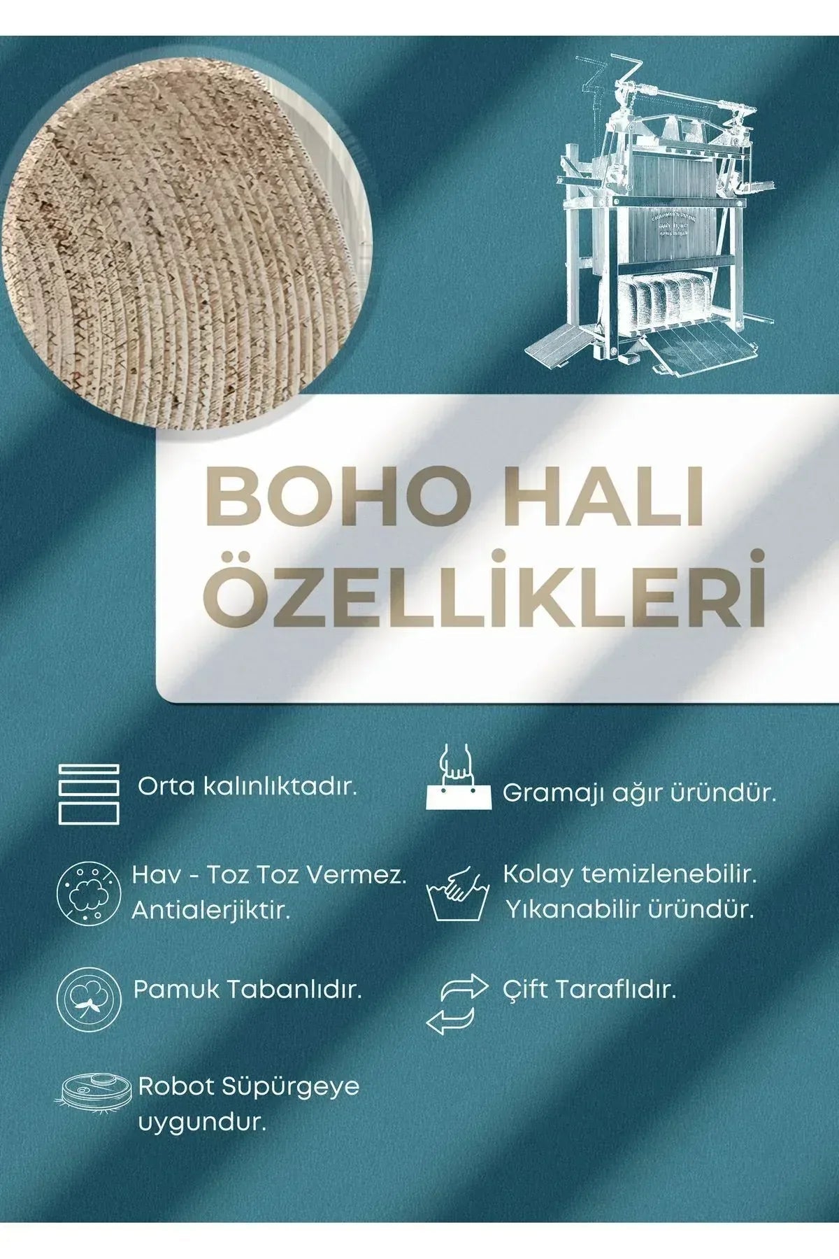 Boho 942 Pusula Tema Etnik Örgü Yuvarlak Natural Renk Çift Taraflı Halı - HALI VAGONU