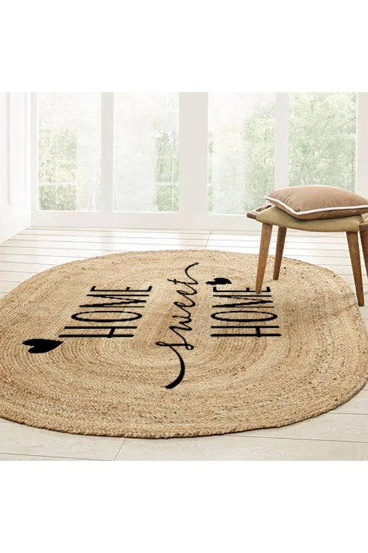 Boho 945 Home Sweet Home Temalı Etnik Desenli Oval Jüt Örme Doğal Hasır Kilim Daire Halı - HALI VAGONU