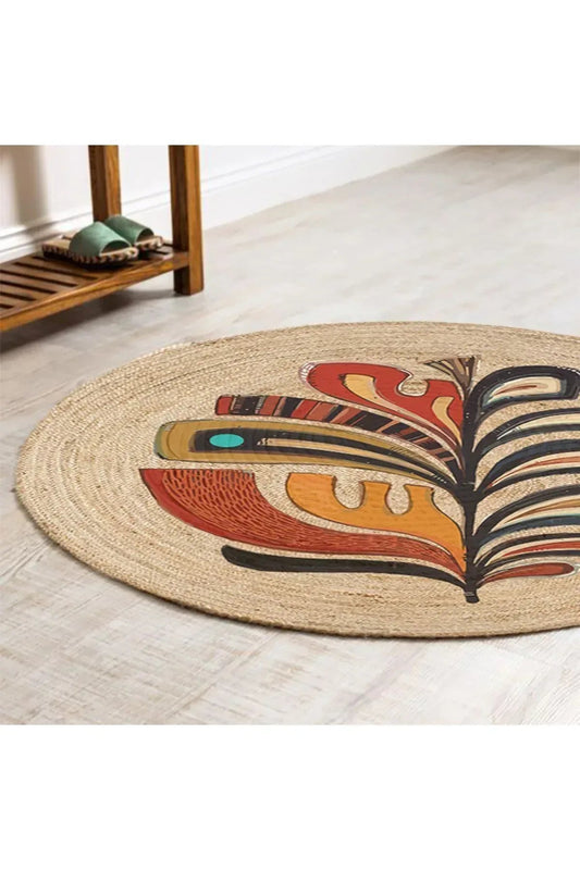 Boho 953 Multy Yaprak Desenli Jüt Rengi Örgü Yuvarlak Natural Çift Taraflı Halı - HALI VAGONU