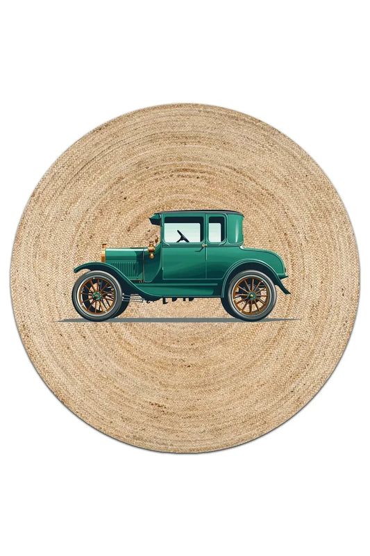Boho 961 Eski Vintage Araba Figürlü Örgü Yuvarlak Natural Çift Taraflı Halı - HALI VAGONU