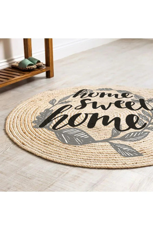 Boho 973 Home Sweet Home Temalı Etnik Desenli Yuvarlak Jüt Örme Doğal Hasır Kilim Daire Halı - HALI VAGONU