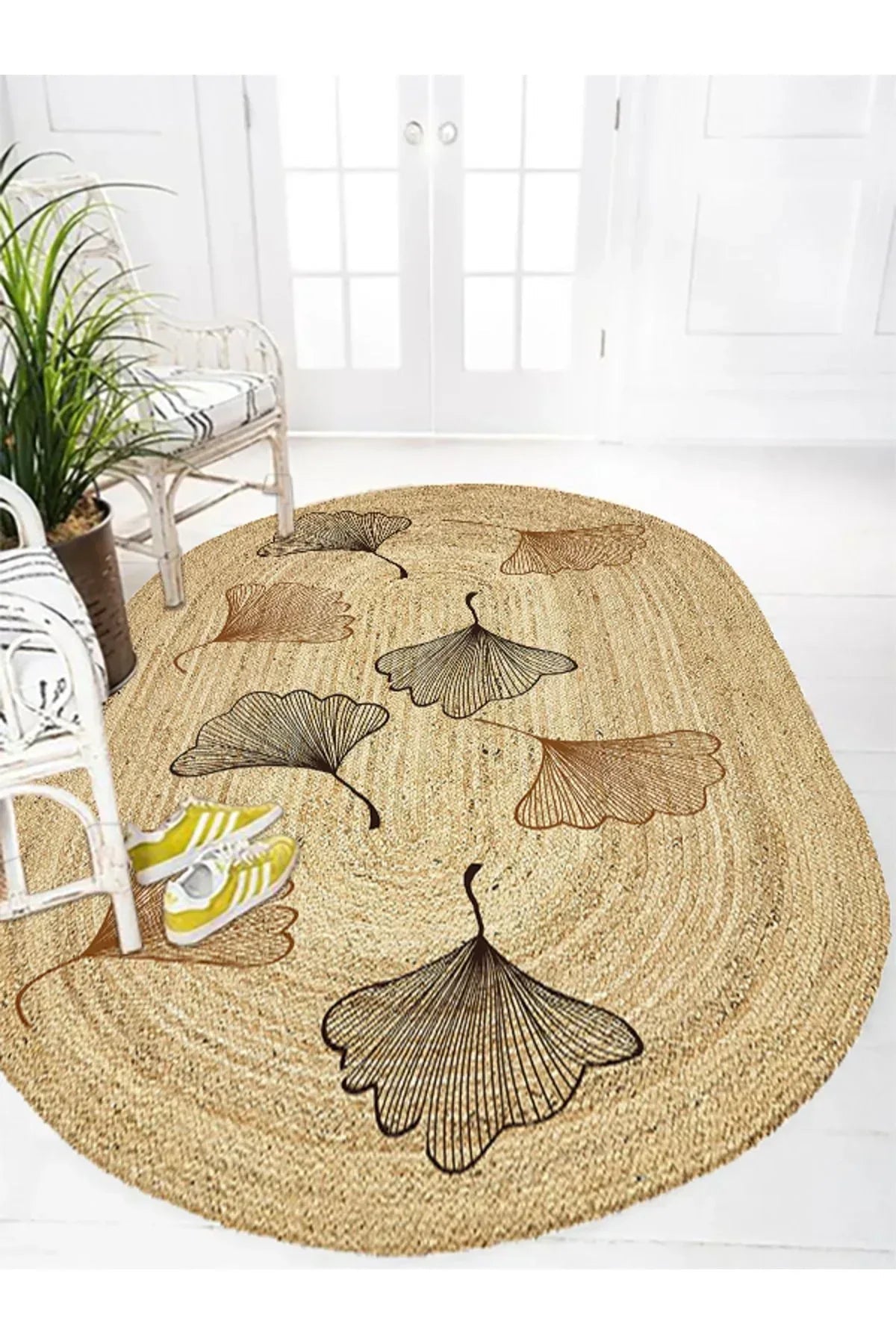 Boho 982 Oval Siyah Yel Motifli Etnik Desenli Jüt Rengi Örgü Yuvarlak Natural Çift Taraflı Halı - HALI VAGONU