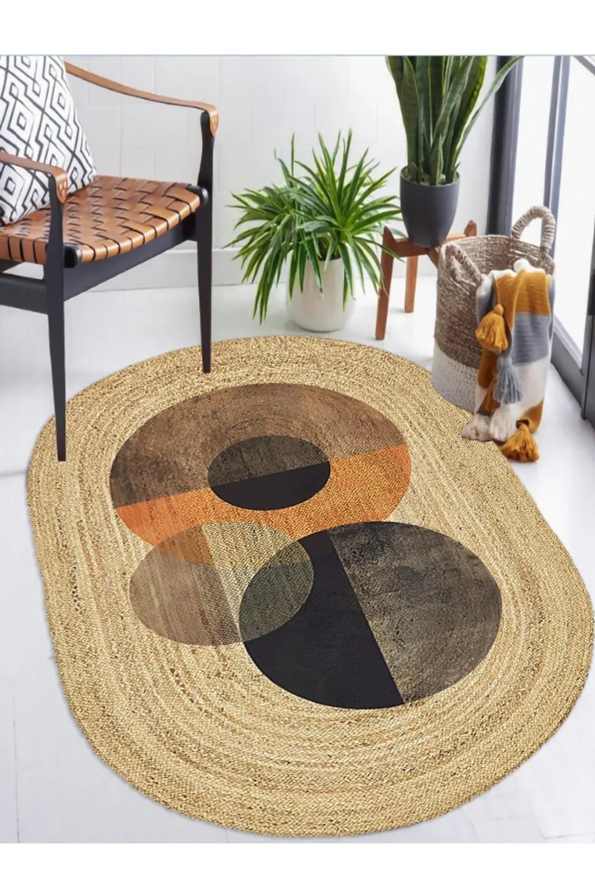 Boho 986 Oval Siyah Etnik Desenli Jüt Rengi Örgü Yuvarlak Natural Çift Taraflı Halı - HALI VAGONU