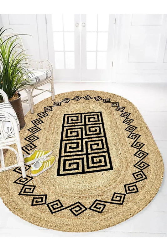 Boho 987 Jüt Hasır Etnik Desenli Oval Jüt Örme Doğal Hasır Natural Oval Halı - HALI VAGONU