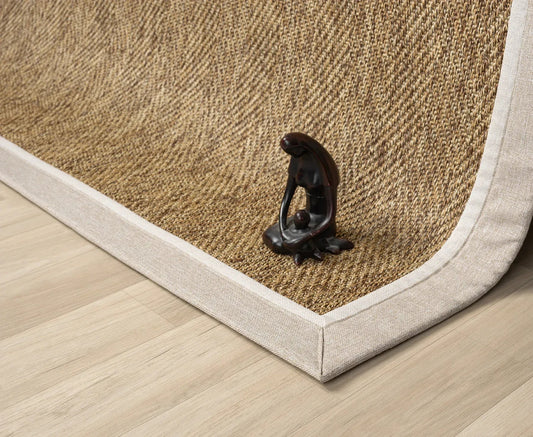 Çift Renk Kumaş Bordürlü Balık Sırtı Desenli Krem Bej Sisal Halı - El Yapımı, Evcil Hayvan Dostu - HVHB03 - HALI VAGONU