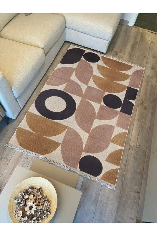 Cotton 68 Pudra Camel Ve Siyah Pastel Geometrik Desenli Dokuma Kilim - HALI VAGONU